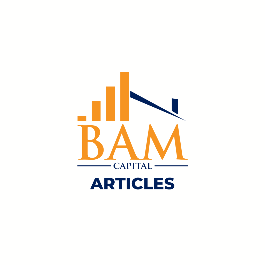 Logo for BAM Capital Articles with orange bar chart and roof design above the orange “BAM,” blue word “CAPITAL” below, and bold blue “ARTICLES” underlined at the bottom. White background.