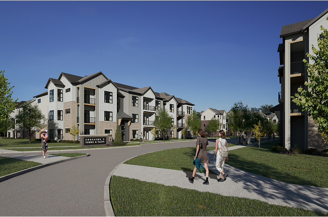 People walk along sidewalks in front of modern, multi-story apartment buildings with balconies on a sunny day, surrounded by green lawns and trees. A sign reads Crosslake Vining Oaks.