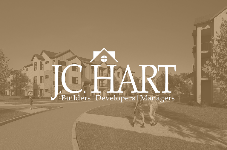 A sepia-toned image of an apartment complex with people walking on a sidewalk, featuring the large white logo and text: J.C. Hart – Builders | Developers | Managers overlaid in the center.