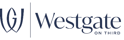 Westgate on Third logo featuring a stylized W and G emblem to the left of the words Westgate on Third in elegant, dark blue font on a light background.