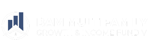 Logo for BAM Multifamily Growth & Income Fund V, featuring three blue bar graph shapes above a white rooftop outline on the left, with the fund name in bold white text on the right.