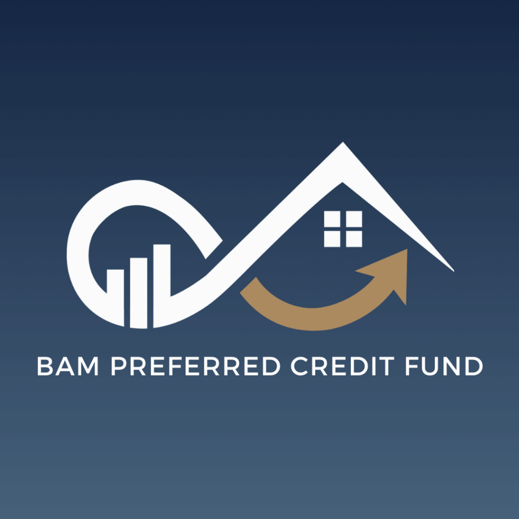 Logo for BAM Preferred Credit Fund featuring a stylized white house with a window, a gold upward arrow, and white bar graph lines, set against a dark blue gradient background. The fund name appears below the graphic.