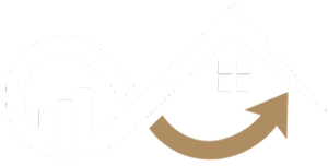 A stylized logo combining a brown upward arrow forming the roof of a house with two small window squares and white bar graph elements on the left, symbolizing real estate growth or financial improvement.