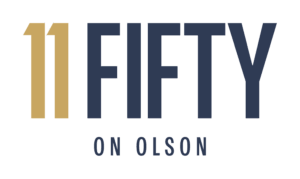 Logo with the number 11 in gold and the word FIFTY in large navy blue letters. Below, in smaller navy text, it reads ON OLSON. The background is light gray.