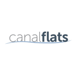 The logo features the words canal flats in lowercase letters, with canal in light gray and flats in dark gray. A blue curved line runs below the text, suggesting water or a wave.