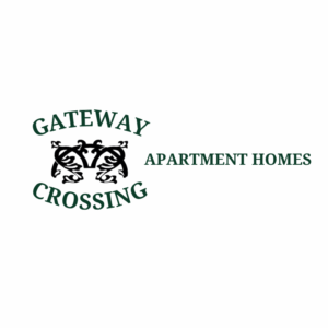 Logo for Gateway Crossing Apartment Homes features the name in green text, with a decorative black design of two symmetrical birds in the center, all on a white background.