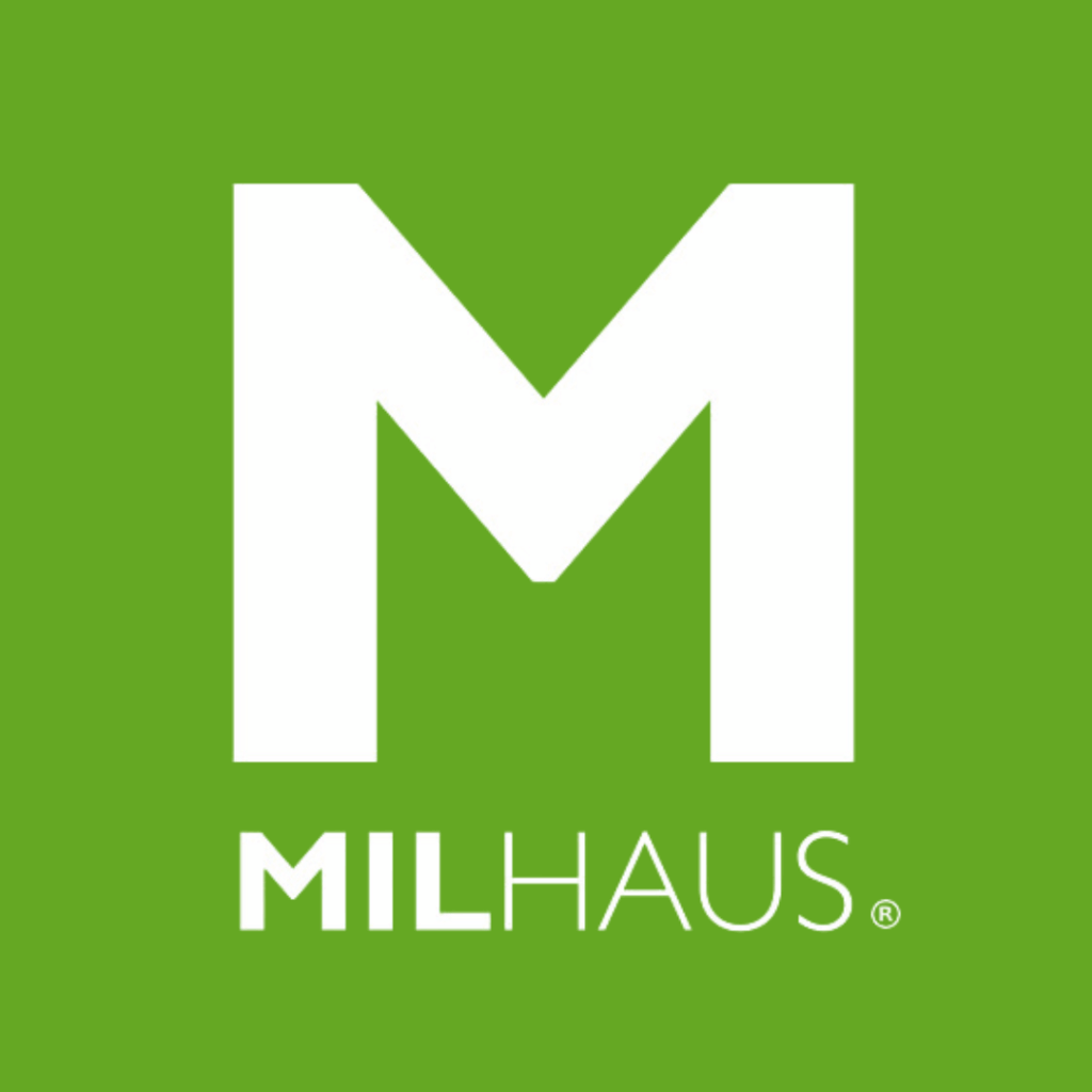 Large white letter M above the word MILHAUS in white text on a bright green square background.