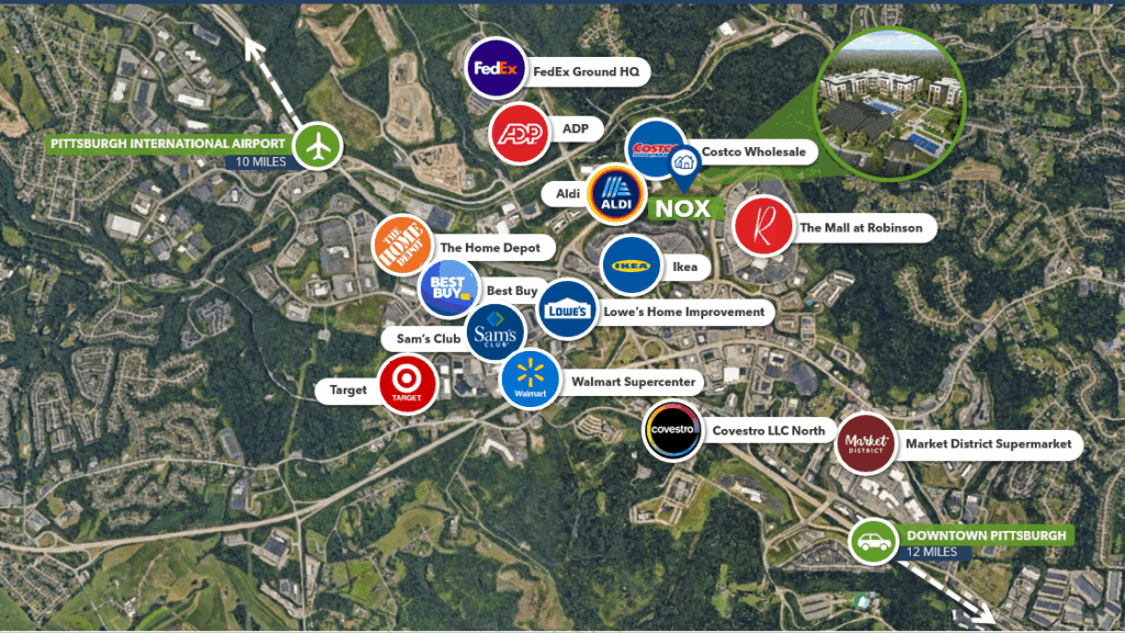 A labeled aerial map showing major stores, businesses, and landmarks near Robinson, PA, including FedEx Ground, The Mall at Robinson, Walmart, Sam’s Club, Costco, Ikea, and distances to Pittsburgh Airport and downtown.