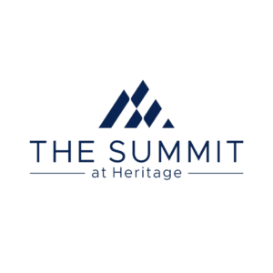 Logo for The Summit at Heritage featuring a stylized navy blue mountain graphic above the text, with horizontal lines on each side of The Summit. The design is on a white background.