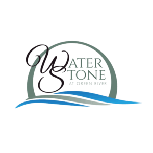 Logo for Waterstone at Green River featuring a large, stylized W overlapping a circular frame, with blue and gray wave graphics at the bottom. The text is in elegant and modern fonts.