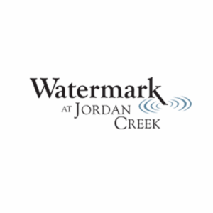 The logo for Watermark at Jordan Creek features the name in black text with blue wave graphics to the right of the word Watermark on a white background.