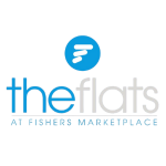 Logo for the flats at Fishers Marketplace with a blue circle featuring a white abstract F above the text. the is in blue, flats in gray, and AT FISHERS MARKETPLACE in blue below.