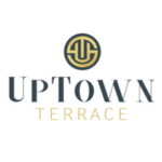 Logo for Uptown Terrace featuring a circular emblem with interlocking U and T letters above the words UPTOWN in dark blue and TERRACE in gold on a white background.