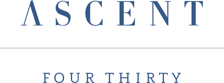 The image has the word ASCENT in large, blue, uppercase letters at the top, and FOUR THIRTY in smaller, blue, uppercase letters below a horizontal line. The background is light gray.