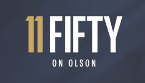 Dark background with large gold 11 beside bold white FIFTY; below in smaller white letters, it says ON OLSON.