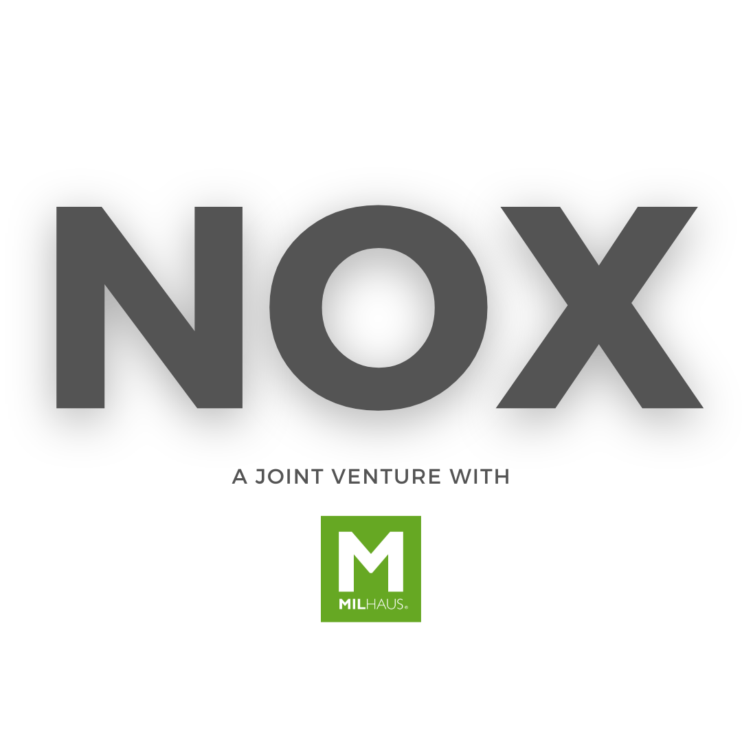 Large gray text reads NOX. Below, smaller text says A joint venture with. Underneath is a green square logo with a white M and smaller text reading MILHAUS. The background is white.