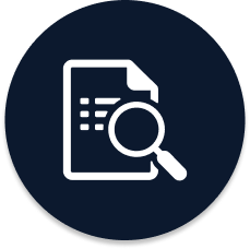 A white icon of a document with lines and a folded corner, overlaid by a magnifying glass, on a dark blue circular background.