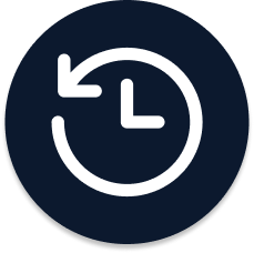 White clock icon with an arrow circling counterclockwise around it, symbolizing history or recent activity, on a dark blue circular background.