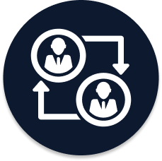 White icon of two people in business attire, each inside a circle, connected by arrows pointing to each other, on a dark blue circular background, representing communication or collaboration.