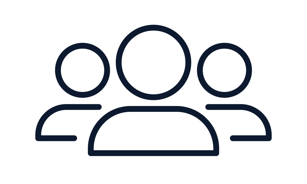 Simple line drawing of three generic human figures; one larger figure in front with two smaller figures positioned slightly behind on each side, representing a group or community.