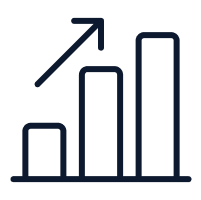 Simple bar chart icon with three vertical bars of increasing height from left to right; an upward diagonal arrow above the bars indicates growth or positive progress.