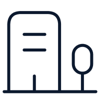 Minimalist line drawing of a tall rectangular building with two horizontal windows, a door at the bottom, and a simple oval-shaped tree next to it on the right.